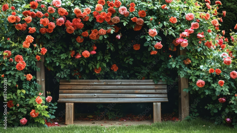 A wooden bench before red-pink flower bush, vine-covered wall; roses instead of flowers A wooden bench before red-pink flower bush, vine-covered wall; roses instead of flowers