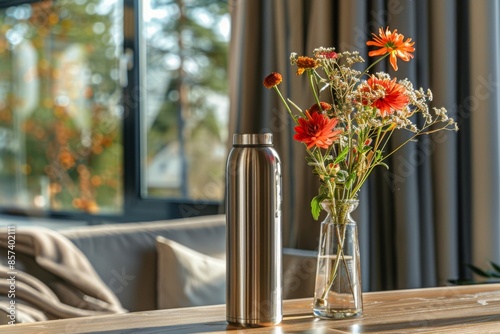 Vase with Flowers and Stainless Steel Bottle on Table