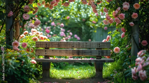  A wooden bench sits in a garden's center Pink flowers bloom on surrounding trees In the backdrop, a trellis adorned with pink roses lies photo