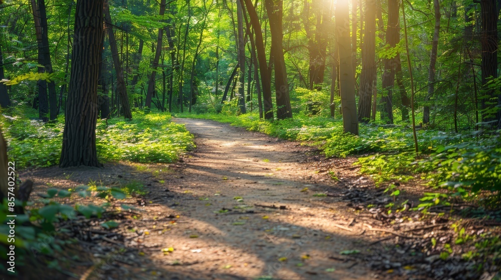 A dirt trail bordered by trees, sun illuminating their foliage A dirt trail bordered by trees, sun illuminating their foliage