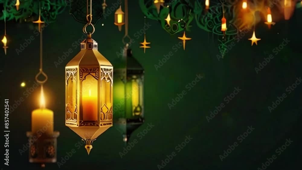 Green and gold color Eid mubarak islamic design concept with hanging ramadan candle lantern, Abstract background animation 4K