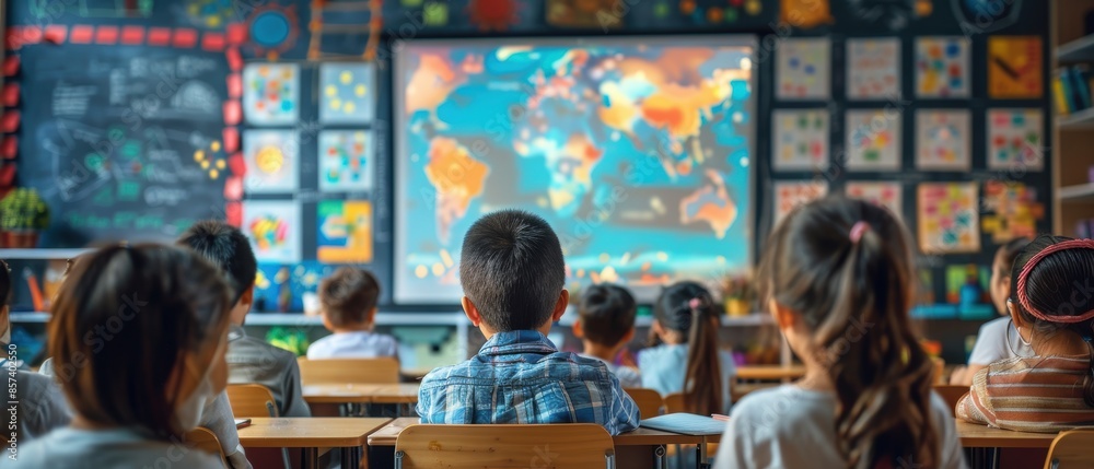 Virtual classroom with students and teacher on screens Virtual classroom with students and teacher on screens