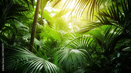 Lush palm leaves in a dense tropical jungle, showcasing vibrant green foliage © AlfaSmart