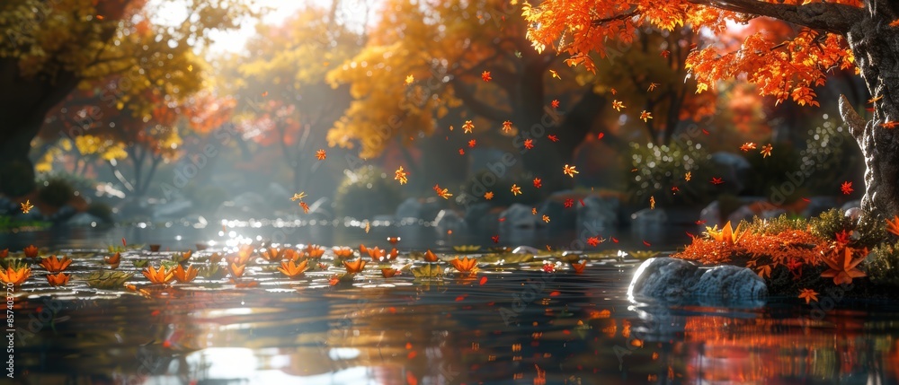 Naklejka premium Vivid background of a tranquil garden in autumn, with colorful leaves and a serene atmosphere, ideal for seasonal and nature themes