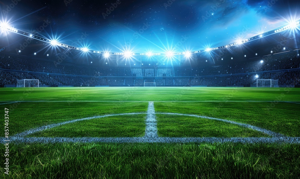Football sport stadium with glowing floodlights and empty green grass field Football sport stadium with glowing floodlights and empty green grass field