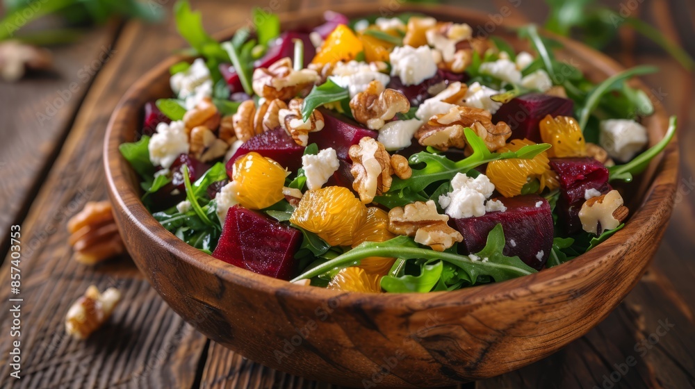 beets, oranges, walnuts, and feta cheese on a wooden table beets, oranges, walnuts, and feta cheese on a wooden table