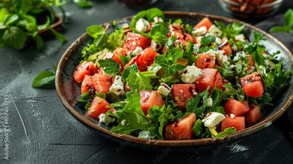 lettuce, watermelon slices, and crumbled feta, atop a black table lettuce, watermelon slices, and crumbled feta, atop a black table