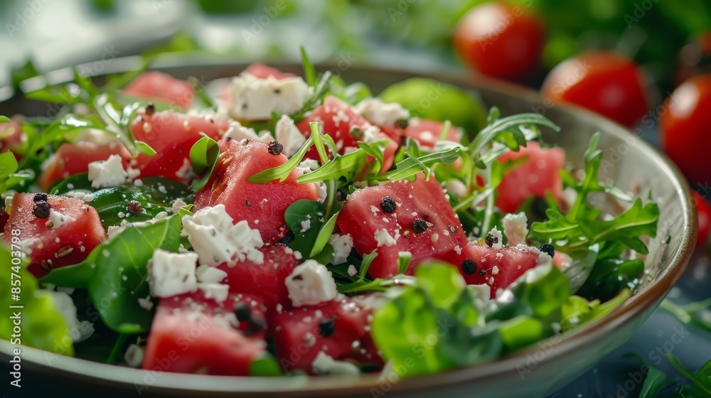 watermelon slices atop feta cheese