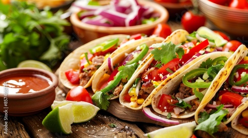 Colorful platter with beef tacos, fresh vegetables, and lime slices. Mexican cuisine, street food concept