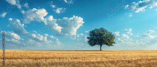 Wheat field with a single tree under a blue sky