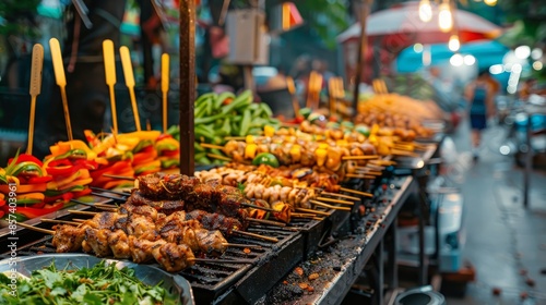  A rainy day sees a street vendor preparing diverse dishes on their grill