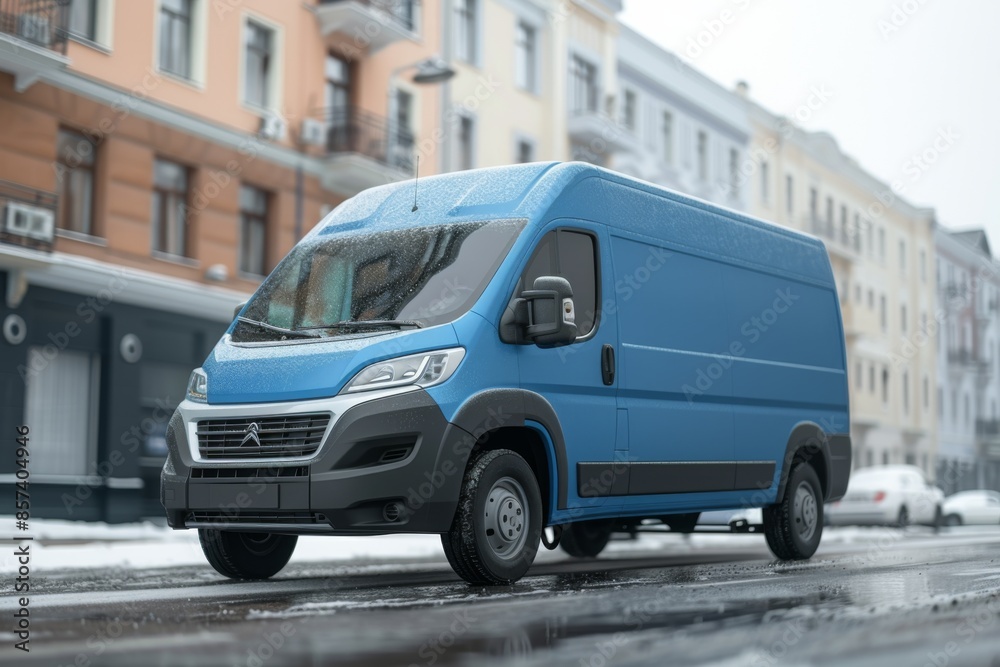 Blue Delivery Van in an Urban Winter Setting Blue Delivery Van in an Urban Winter Setting