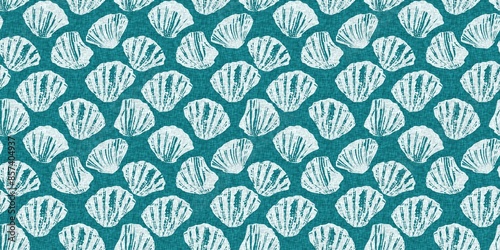 Teal turquoise blue white shell motif with linen seamless batik border background. Modern coastal beach cottage rustic shell block print home decor pattern design in sealife banner beach style. 