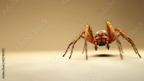A close-up of a brown spider with long, spiky legs. The spider is sitting on a beige surface and is looking at the camera. photo