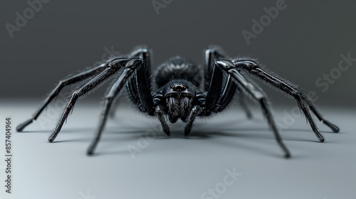 A close-up of a black spider with a white background. The spider is in focus and has its legs spread out.