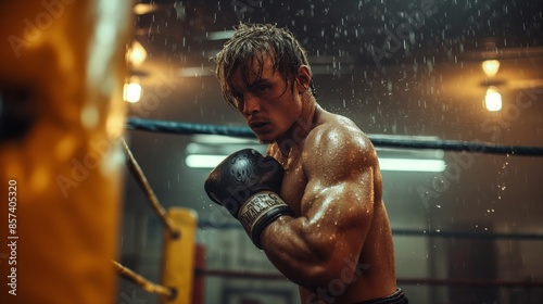 Wallpaper Mural A focused boxer, muscles glistening with sweat, throws a powerful punch at a heavy bag in a dimly lit gym, embodying determination and strength. Torontodigital.ca