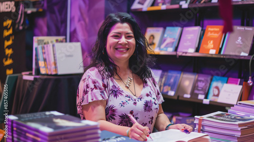 Author signing books at a book fair.