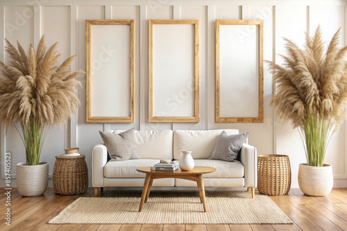 Farmhouse Living Room Design: Frame Mockup with White Furniture and Bright Walls Featuring Three Vertical Wooden Frames