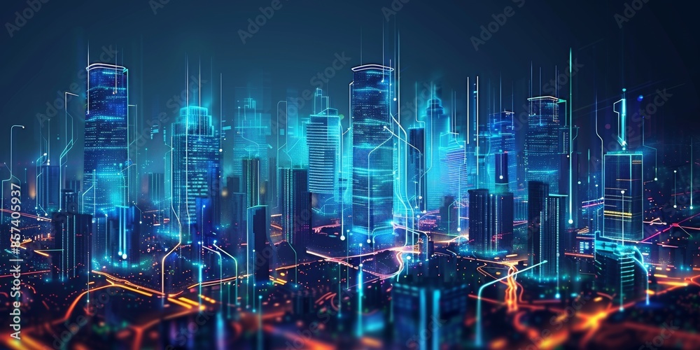 Smart city on a dark blue background, featuring intelligent infrastructure and connected buildings Smart city on a dark blue background, featuring intelligent infrastructure and connected buildings