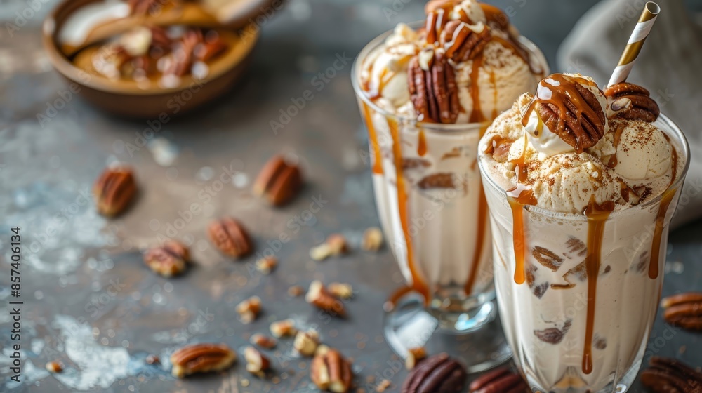 Two ice cream Sundae's, topped with pecans and caramel drizzle Gray backdrop houses a bowl of pecans Two ice cream Sundae's, topped with pecans and caramel drizzle Gray backdrop houses a bowl of pecans