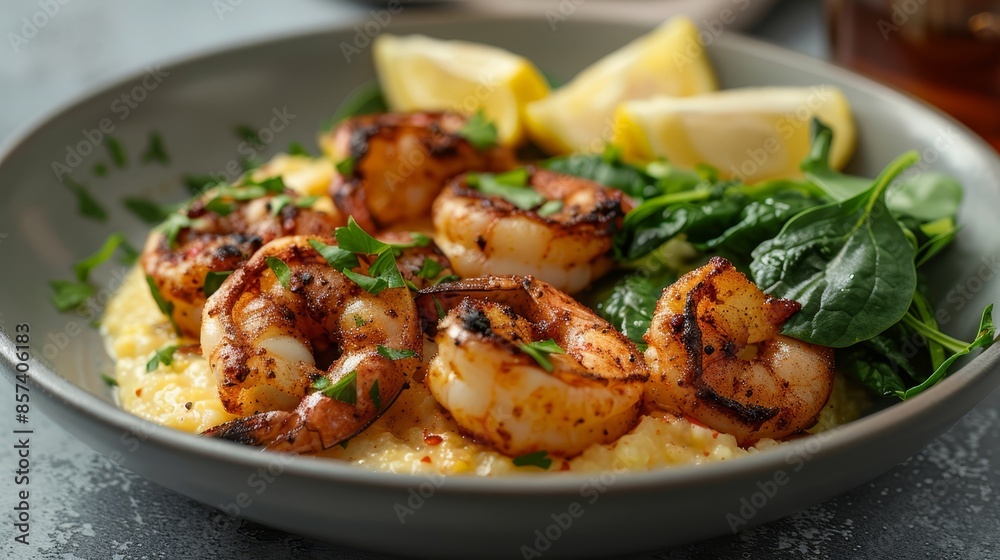 A bowl of shrimp and grits, accompanied by lemon wedges, and a glass of beer nearby A bowl of shrimp and grits, accompanied by lemon wedges, and a glass of beer nearby