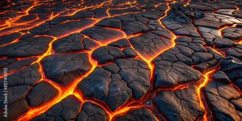 Cracked Lava Rock Floor with Fiery Molten Lava Flow for Background or Wallpaper