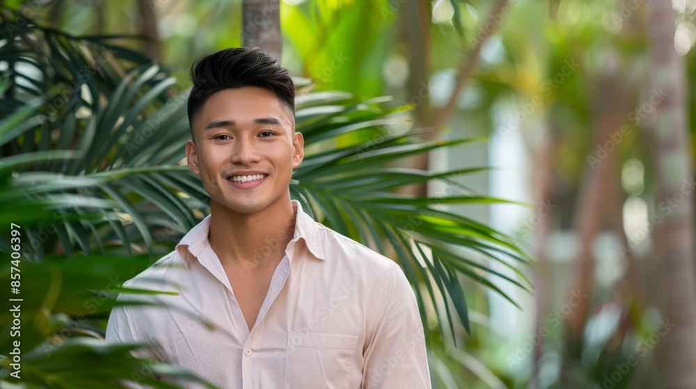 Portrait of a young Asian man outdoors, smiling in front of a backdrop of verdant foliage