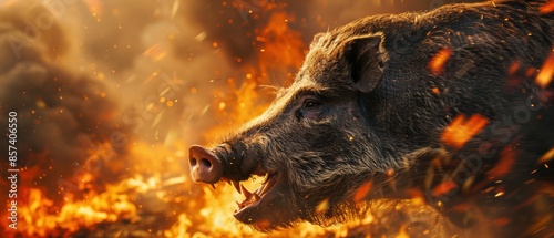 Wild boar roaring with explosive flames surrounding, showcasing raw strength and intense nature