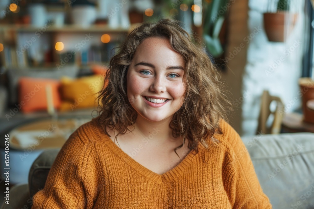 Smiling Woman in Cozy Setting Smiling Woman in Cozy Setting