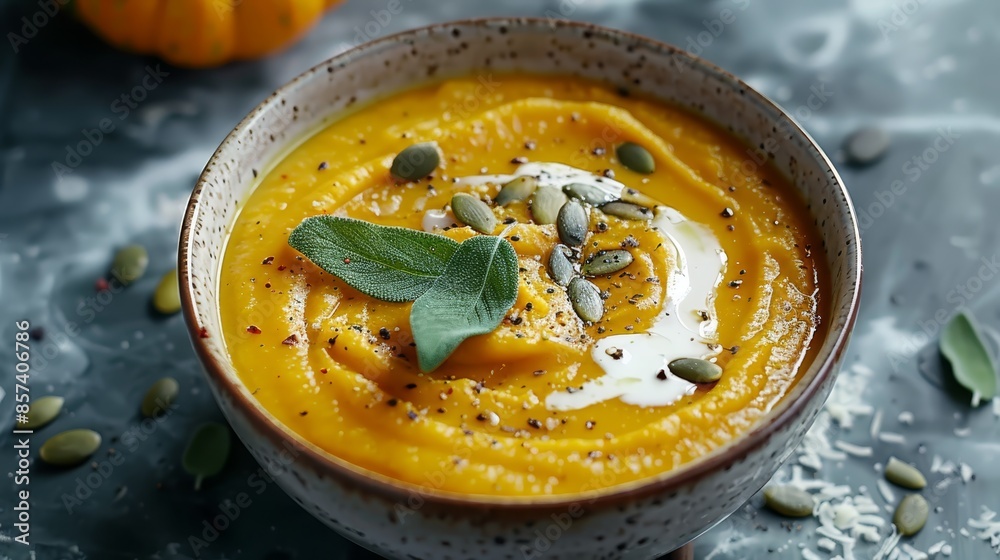 A tight shot of a steaming bowl of soup on a table against a backdrop of pumpkins, with a sprig of leaves floating atop A tight shot of a steaming bowl of soup on a table against a backdrop of pumpkins, with a sprig of leaves floating atop