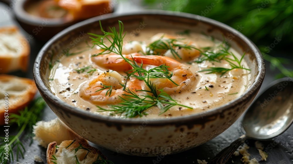  A bowl of shrimp soup garnished with fresh dill and a sprig of dill