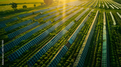 An agricultural field with solar-powered irrigation systems. photo