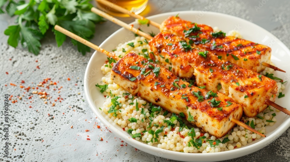 A close-up of a plate with couscous topped with chopsticks and meat Meat sits atop the first layer of couscous, while additional layers of cousc A close-up of a plate with couscous topped with chopsticks and meat Meat sits atop the first layer of couscous, while additional layers of cousc