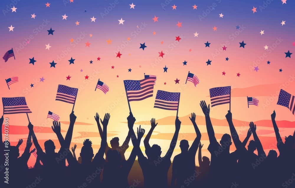 silhouettes of people waving American flags against the sky, a group celebrating and cheering for their country on wrist and hands with american flag stickers Generative AI silhouettes of people waving American flags against the sky, a group celebrating and cheering for their country on wrist and hands with american flag stickers Generative AI