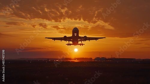 An airplane taking off at sunrise with the sun just above the horizon.