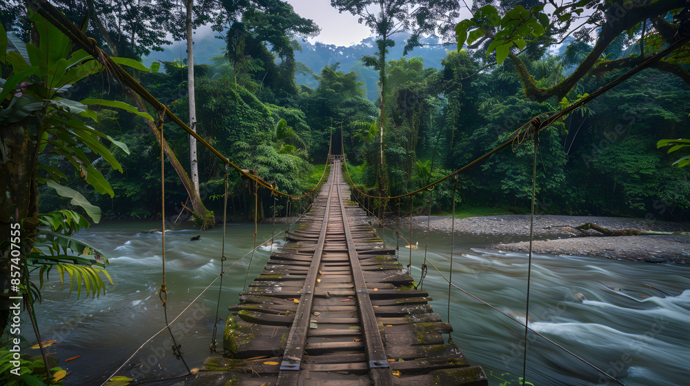 An ancient hanging bridge over a vibrant dense jungle river. An ancient hanging bridge over a vibrant dense jungle river.