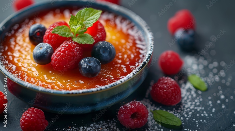 A small bowl holds ripe berries, topped with fresh mint as a garnish on the table nearby A small bowl holds ripe berries, topped with fresh mint as a garnish on the table nearby