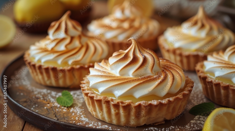 A tight shot of a plate filled with cupcakes, their frosting glossy and inviting Lemons nearby, adding a zesty contrast A tight shot of a plate filled with cupcakes, their frosting glossy and inviting Lemons nearby, adding a zesty contrast