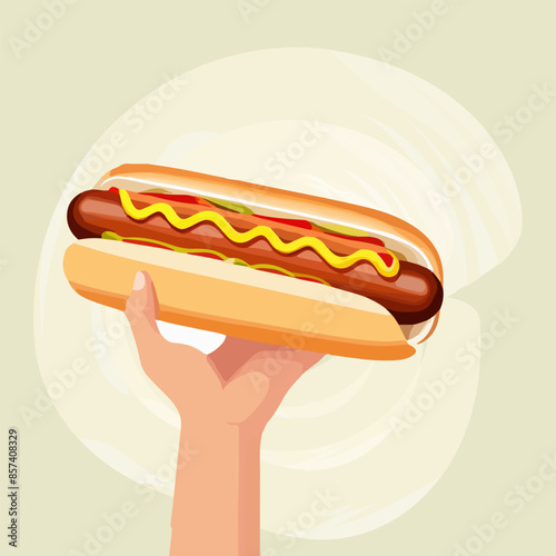 Hand drawn hotdog cartoon icon illustration. Human hand holding a hot dog. Poster, banner, card, background.