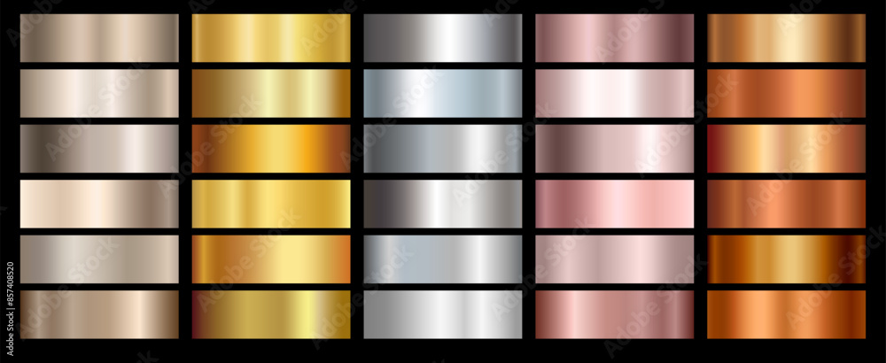 Gold rose, silver, bronze, copper and golden foil texture gradation background set. Vector shiny and metalic gradient collection for border, frame, ribbon, label design