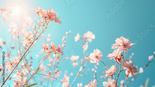  Pink flowers before a blue sky Sun behind flowers in foreground; sun behind flowers in background