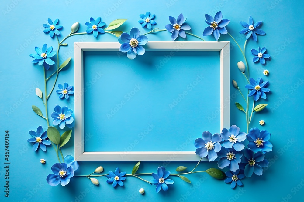 A frame made of blue flowers on a blue background A frame made of blue flowers on a blue background