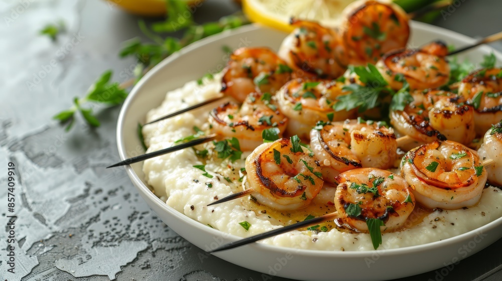 A plate with shrimp skewers atop mashed potatoes, garnished by cilantro A plate with shrimp skewers atop mashed potatoes, garnished by cilantro