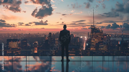 A man in a suit stands on a rooftop overlooking a city at sunset. The sky is a mix of orange and blue, and the city lights are beginning to turn on.