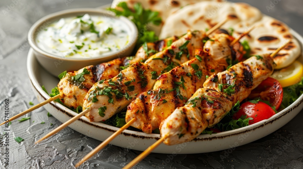 A plate of chicken skewers serving with pita bread and a bowl of yogurt A plate of chicken skewers serving with pita bread and a bowl of yogurt