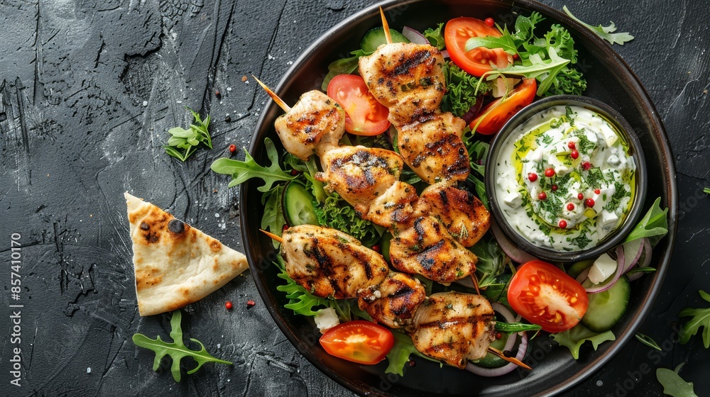 A plate of chicken skewers served with tzatziki, tomatoes, and cucumber A plate of chicken skewers served with tzatziki, tomatoes, and cucumber
