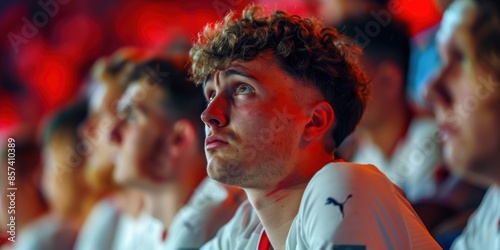 Anxious England team fan at the stadium, taking in the action live. During the match, a group of English soccer supporters appeared unhappy.