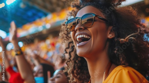 A group of happy sports fans watching the game from the stands, enjoying the triumph of their team. Black American women are the main subject. © LukaszDesign