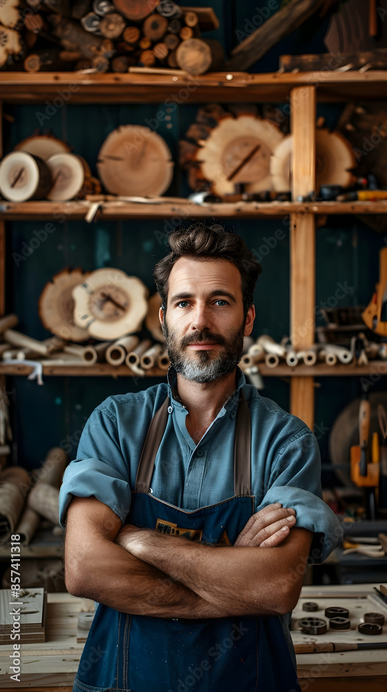 Portrait of a Skilled Craftsman Surrounded by Handmade Wooden Pieces in his Vibrant Woodworking Workshop Portrait of a Skilled Craftsman Surrounded by Handmade Wooden Pieces in his Vibrant Woodworking Workshop