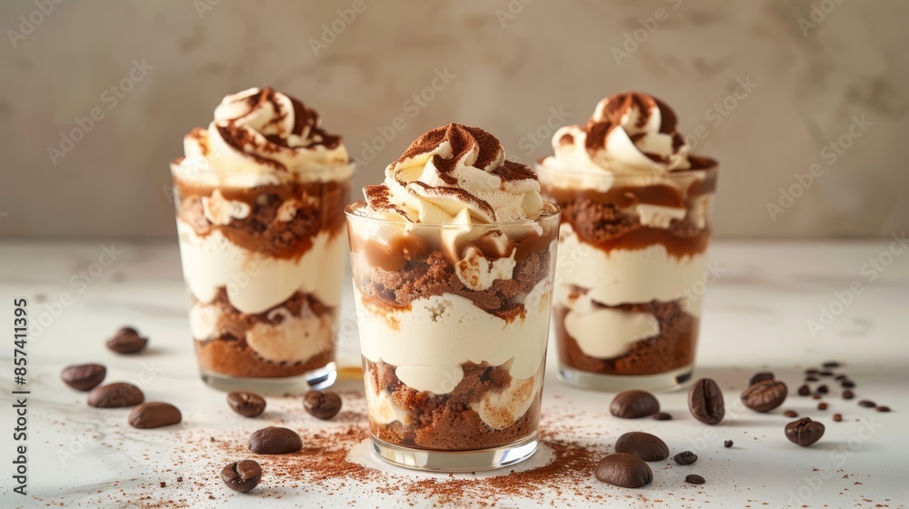  Three desserts feature whipped cream and chocolate chips against a pristine white tabletop A marble background subtly enhances the scene